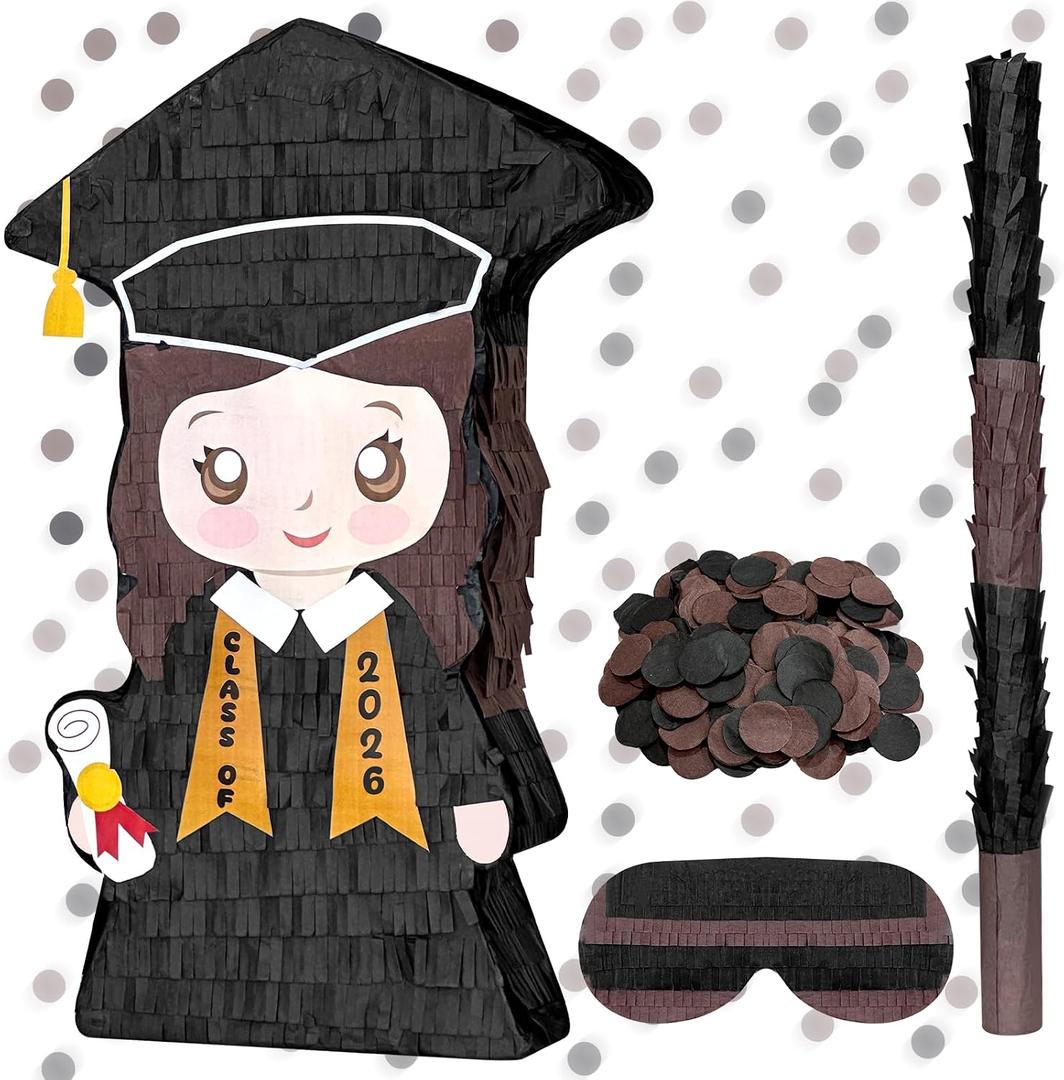Class of 2026 Graduation Piata 16.9 inch Graduation Piata with Stick Blindfold Confetti Graduation Party Decoration for Class School Elementary Kindergarten Party Games Supplies (Girl's style)