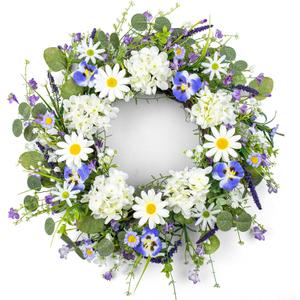22 Inches Summer Wreaths for Front Door Spring Flower Wreath Farmhouse Spring Floral Wreaths Country Summer Door Wreath with Phalaenopsis Orchid Hydrangea Sunflower for Window Wall Porch Decoration (White Blue 2)