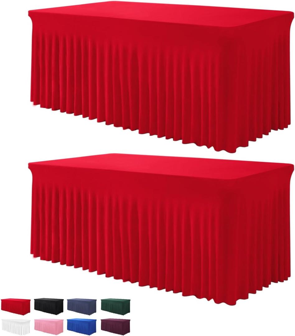 BDDC Table Skirts for Rectangle Tables 6ft - 2 Pack One-Piece Red Tablecloths and Skirt, Wrinkle Resistant Ruffles Elastic Cover for Banquets, Weddings, Events, Parties