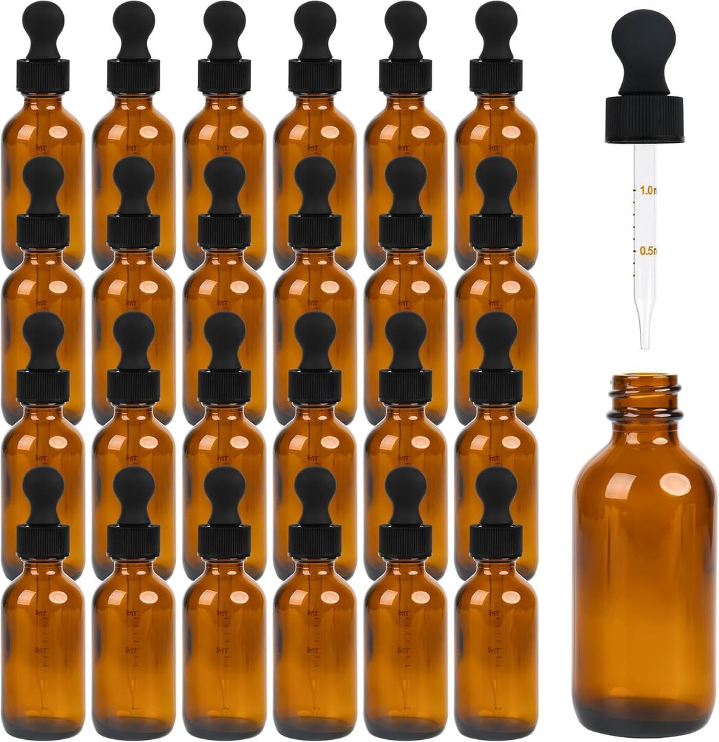 24 Pack Amber Glass Dropper Bottle, 2 oz/60 ml with Dropper, Leak Proof Travel Dispenser Bottle for Essential Oils/Chemistry Laboratory Chemicals/Cologne and Perfume