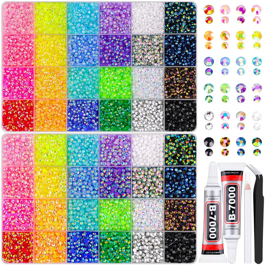 2 Boxes 3mm+4mm Jelly Rhinestones for Bedazzling, 25000Pcs Multicolor Flatback Resin Gems for Crafting, Bedazzler Kit with 2Pcs 10ml B7000 Jewelry Glue for DIY Crafts Book Fabric Decor Nail Art