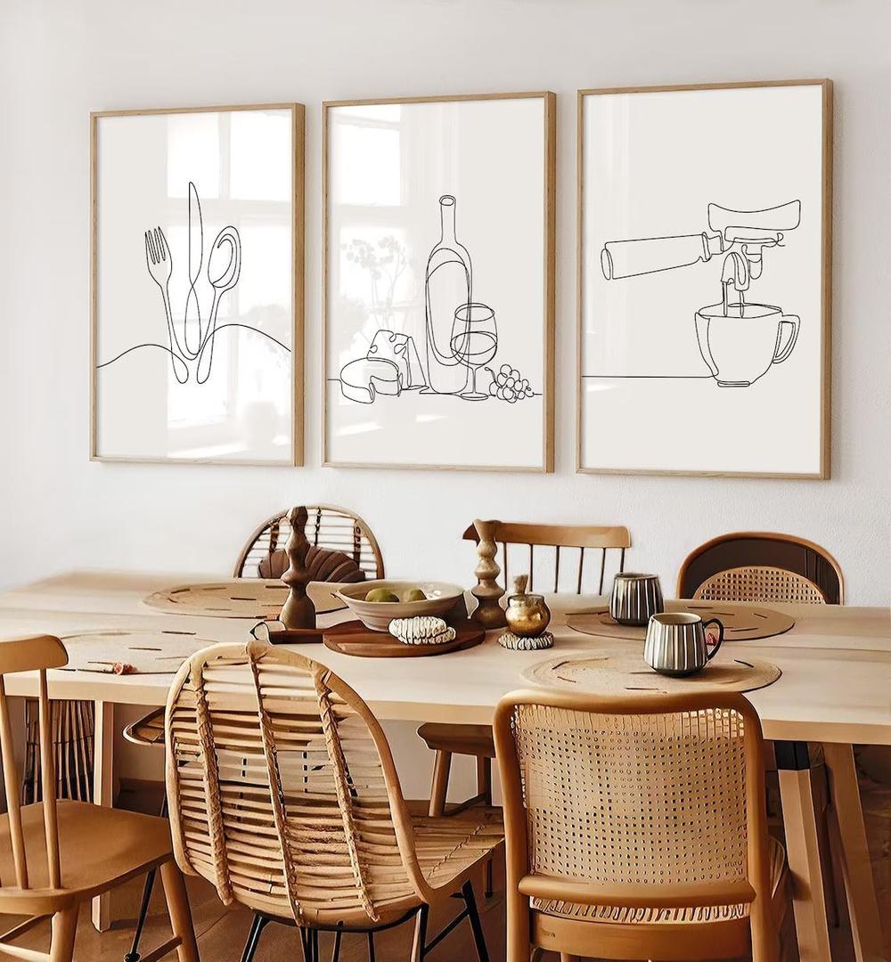 3Pcs Line Drawing Kitchen Wall Art, Modern Black White Minimalist Kitchen Abstract Line Art Posters Prints Dining Room Wall Decor Canvas Paintings Pictures Home Decoration, Unframed (line art, 12x16in (16L" x 12W")