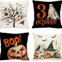 Halloween Ghost Boo Pillow Covers Trick or Treat 18 x 18 Inch Throw Pillows, Spooky Pumpkin Tree Decorative Farmhouse Seasonal Cushion Case for Sofa Couch Set of 4