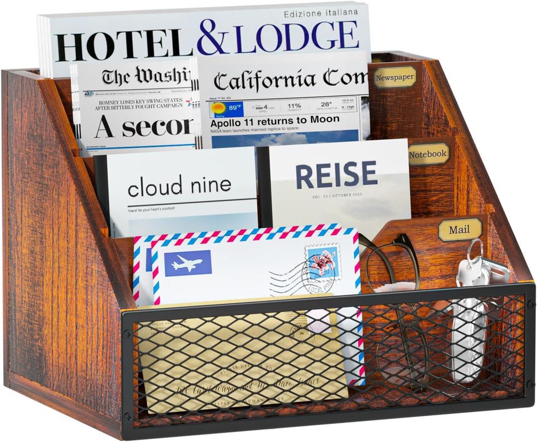 Mail Organizer Countertop, Wooden Mail Holder,4 Slot Letter Holder for Desktop, Vintage Desk Organizer for Fill, Bill
