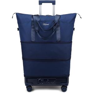 Dufanxi Expandable Rolling Travel Bag with Removable Wheels & Handle, Large Capacity Wheeled Duffle Tote, Foldable Carry On Luggage for Women, Lightweight Weekender Overnight Bag (DarkBlue)