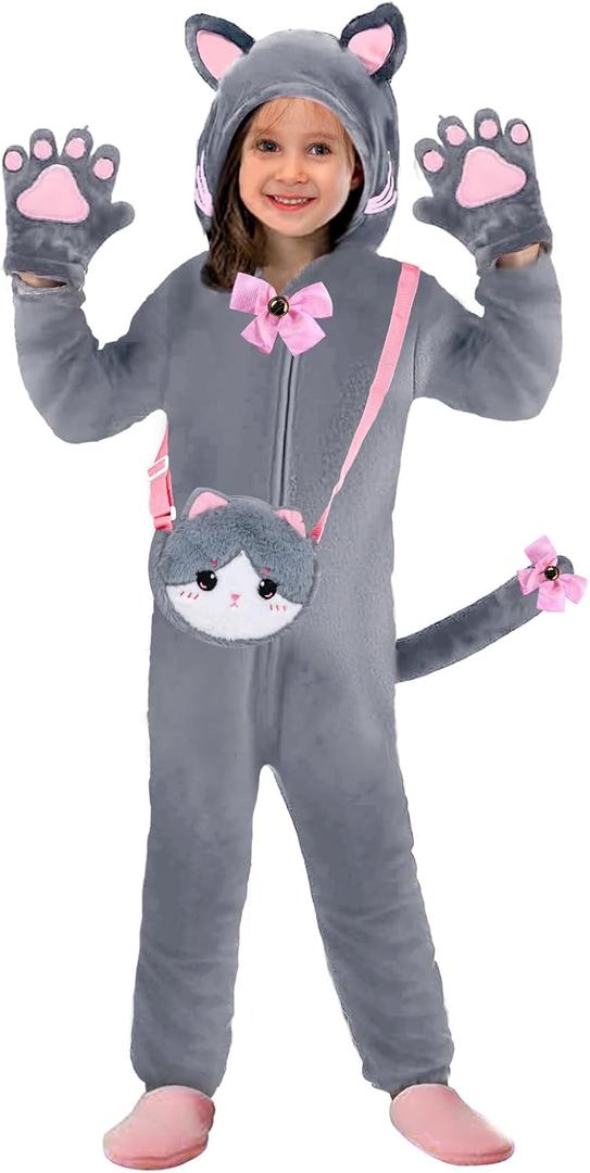 Gifts2U Halloween Cat Costume for Girls, Kids Onesie Costume with Pink Cat Ears, Cat Tail, Paws, Bow Ties and Purse Bag, Gifts for Halloween, Birthday or Any Costume Occasion 5-6Years
