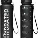 Water Bottle, 32 oz Sports Water Bottles with Time Marker Wide Mouth, Motivational and Leakproof Drink Bottle, BPA Free Tritan with Carry Strap for Gym Fitness Outdoor(Direct Drink) (Grey&Black)