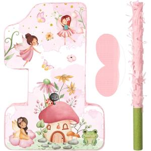 Blosssound Fairy Piñata Fairy 1st Birthday Decorations Supplies Flower Number One Princess Piñata Set with Stick Blindfold for Wonderland Garden Theme Baby Shower Celebration Decor(Birthday)