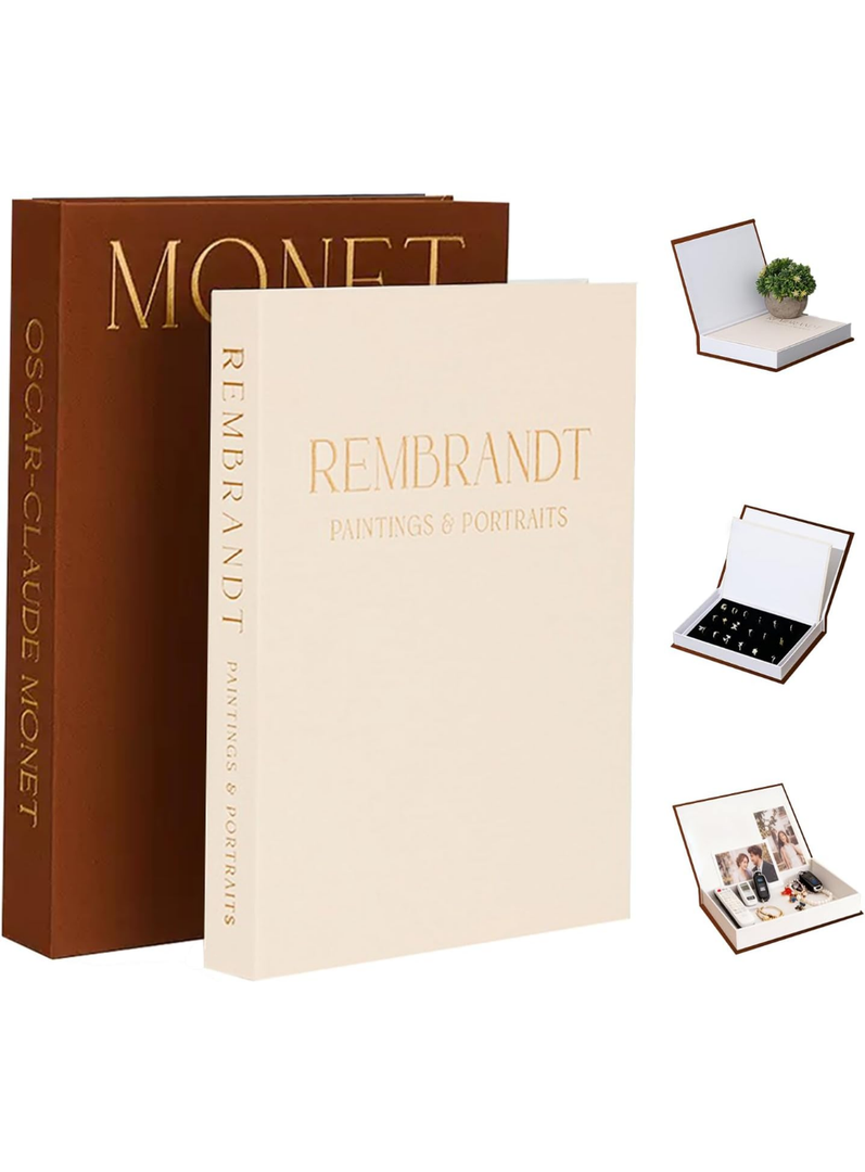 Decorative Books -Set of 2 Linen Covered Boxes Enhance Your Coffee Table,Bookshelf Decors,Aesthetic Fake/Faux Book for Modern Home Decoration, Jewelry Box and Photo Storage Box (Brown and beige)