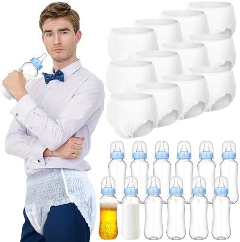 Hushee 12 Sets Funny Plastic Bottle Chug Baby Shower Games Juegos Para Plastic Baby Bottles Disposable Diapers Gender Reveal Race Gifts Diaper Feed Me Game Decoration for Boys Girls (Blue)