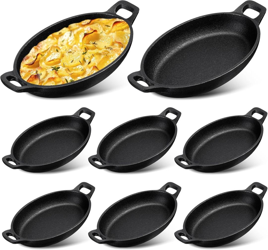 Mifoci 8 Pack Mini Cast Iron Fajita Skillet, 7.1" x 4.7" Oval Sizzling Steak Plate Pan Small Ramekin Set Black Casserole Dish for Stove Oven Grill Restaurant Kitchen Indoor Outdoor Picnic
