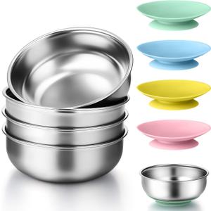 Palksky Stainless Steel Bowls, Kids Bowl with Suction Base, Soup Container for Baby Feeding, Dishwasher Safe, Food Grade, BAP Free, Non Toxic, Set of 4