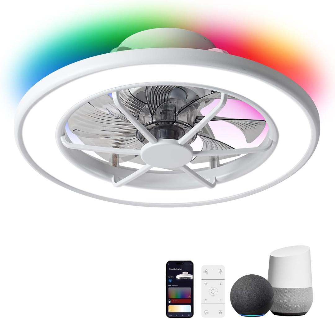 ocioc Low Profile Ceiling Fans with Lights,18 in Smart Ceiling Fans with Alexa/Google Assistant/App Control Color Changing LED-RGB Back Ambient Light for Bedroom