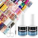 Kalolary 30ML Nail Foil Glue Gel with 80Pcs Foil Transfer Stickers Set, Holographic Nail Art Transfer Stickers DIY Decoration for Salon or Home Use