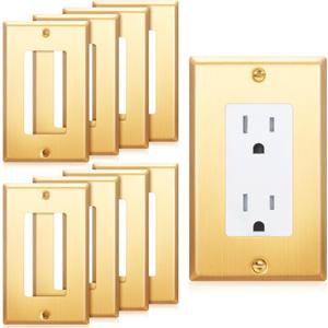 Zonon 8 Pack Gold Outlet Covers 4.50" x 2.76" Single Receptacle Wallplate Rocker Covers Brass Metal Brushed Decorative Gold Receptacle Wallplate Corrosion Resistant,Standard Size,Brushed Brass