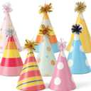 8Pcs Mini Birthday Hats for Stuffed Animal, Colorful Cute Dog Party Hats with Glitter Pompoms Adjustable Mini Cat Paper Party Hat Cone-Shaped Celebration Headwear for Kittens Rabbits Small Animals