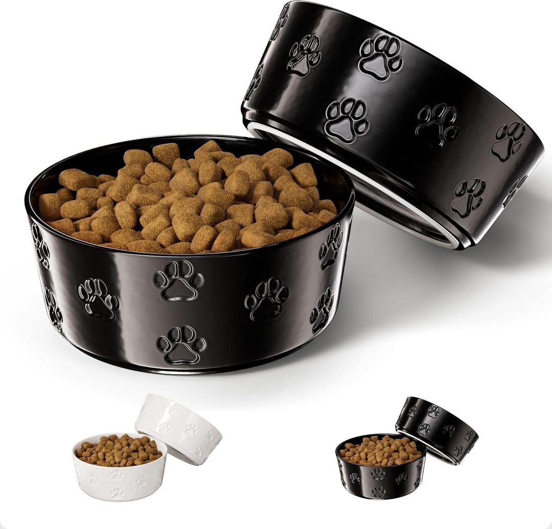 Ceramic Dog Bowl Set of 2 with Anti-Skid Base - 6.5" Wide x 2.5" Tall Ceramic Dog Bowls Medium Sized Dogs - 3.8 Cup Capacity Food and Water Bowls for Dogs - Rubber Bottom Pet Bowl Set of 2 Medium Size (Black)