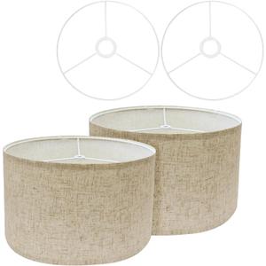 Drum Lamp Shades for Table Lamps 12" Top x 12" Bottom x 8" High Linen Lampshade Set of 2 Lamp Shade with E27 to E26/E14 Adapters for Floor Lamps Bedside Lamps, Black spot hemp cloth, Assembly Required