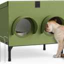 Outdoor Cat Feeding Station  Waterproof Dining Shelter for Feral & Community Cats, Insulated Roof & Walls, Dual-Feed Hole Design, Connects to Cat House  Green, 16"12"15.5"