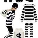 QZYL Kids Robber Cosplay Set, Black and White Striped Shirt Beanie Cap Bag Mask Socks Set for Halloween Cosplay Burglar (Small)