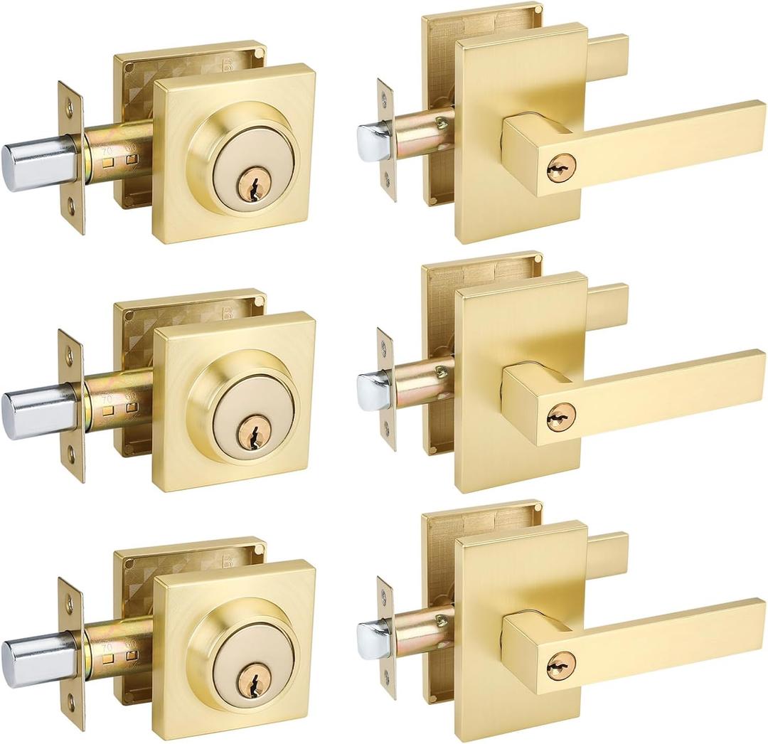 Gold Exterior Door Lock Set, Front Door Lock Set with Deadbolt, Heavy Duty Zinc-alloyed Exterior Door Handle Square Contemporary Brushed Gold Front Door Lock Sets (3 Pack)