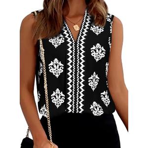 BLENCOT Women's Chiffon V Neck Sleeveless Floral Printed Tank Tops Summer Office Work Blouse Black S