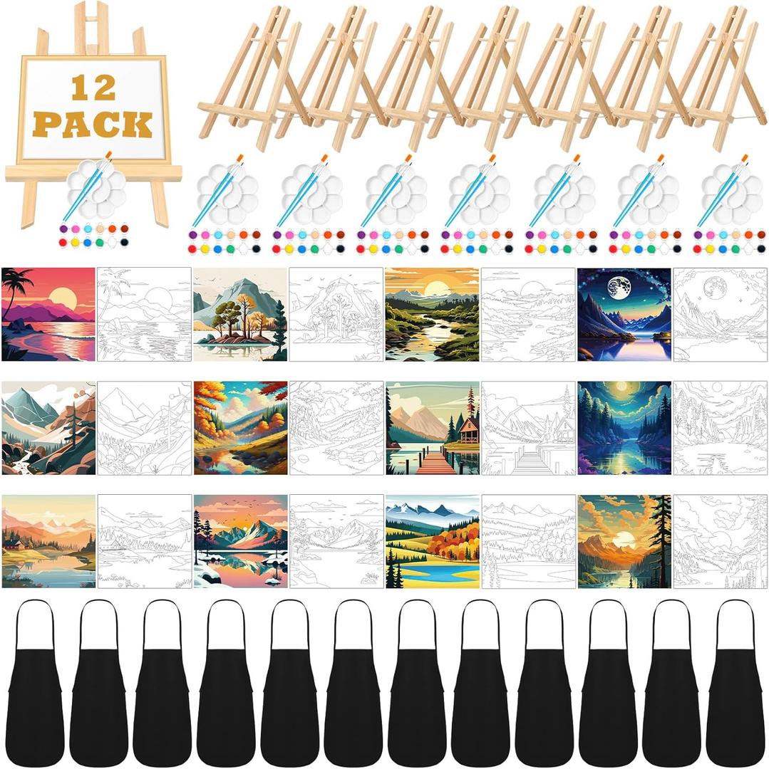 Motipuns 12 Set Pre Drawn Canvas for Painting for Adults Sip and Paint Kit with Easels 8 x 10 Inches Paint Party Kit with Printed Canvas Paints Brushes Palette Bag Apron(Landscape)