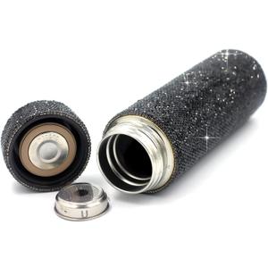 Bling Rhinestone Stainless Steel Water Bottle - 17oz Vacuum Insulated Diamond Tumbler, Gift for Women, Girls and Kids - Sparkling Silver Glitter Cup (Black)
