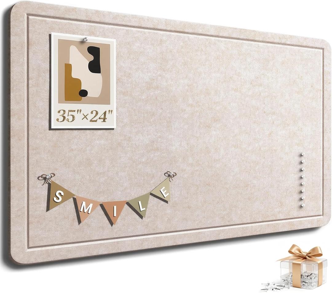 Large Bulletin Board, 35 X 24 Inches Felt Cork Board with 40 Pushpins, Foldable Felt Notice Pin Board Photo Display Board with Self-Adhesive Tape for Office Home School (Oatmeal, 35x24 inch)