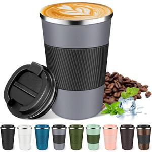 Insulated Coffee Mug 12oz & 17oz, Leakproof Coffee Cup with Lid, Thermal Coffee Tumbler Stainless Steel Reusable Coffee Mug Keep Cold and Hot Gift for Men Women (Gray, 17oz)