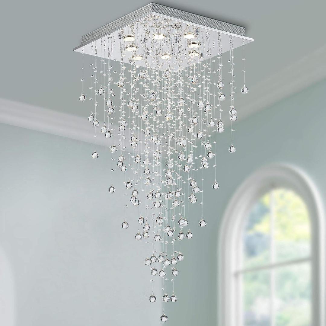 Bestier Modern Crystal Square Raindrop Chandelier Lighting Flush Mount LED Ceiling Light Fixture Pendant Lamp for Dining Room Bathroom Bedroom Livingroom 8 GU10 Bulbs Required 22 in Wide 47 inch High, W22" x H47"