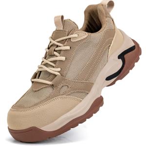 Hogent Steel Toe Shoes for Women Men Wide Non Slip Composite Work Sneakers Indestructible Comfortable Safety Tennis Shoes Lightweight Breathable Construction Sneakers Puncture Proof Ergonomic Design (Tan)
