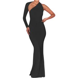 BEAGIMEG Women's Sexy Elegant One Shoulder Backless Evening Long Dress (Medium, Black)