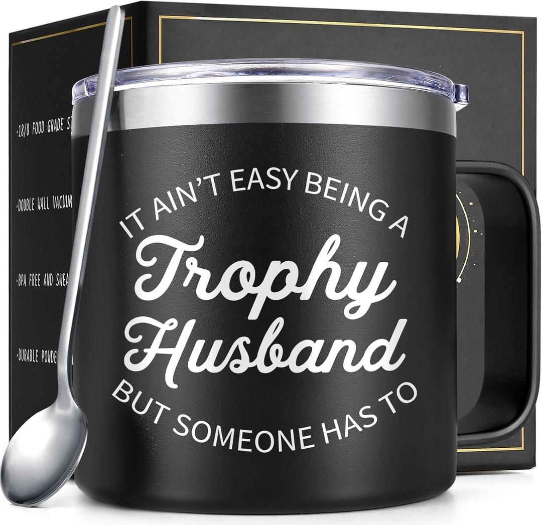Lifecapido Husband Gifts, It Ain't Easy Being a Trophy Husband 14 oz Insulated Coffee Mug, Birthday Fathers Day Christmas Gifts for Husband, Black