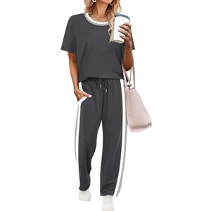 WIHOLL 2 Piece Lounge Sets for Women Business Dressy Casual Outfits Summer 2026 Fashion Spring Clothing Short Sleeve Pajama Teacher Tops Grey S