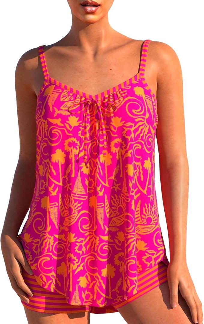 MODLILY Two Piece Flowy Tankini Swimsuits for Women, Graffiti Print Curved Hem Tank Top with Boyshorts (Pink, L)