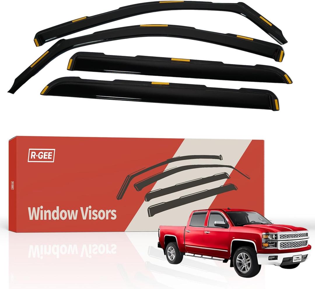 R-GEE in-Channel Window Rain Guards Fit for Trucks Chevrolet (Chevy) Silverado/GMC Sierra 2014-2018 Crew Cab, Window Vent Wind Deflectors Visors Shades Exterior Car Accessories, 4PCS