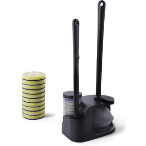 Eyliden Disposable Toilet Brush and Plunger Combo, Wand Set with 10pcs Refill Heads and Storage Caddy, Compact Toilet Cleaning System (Black)