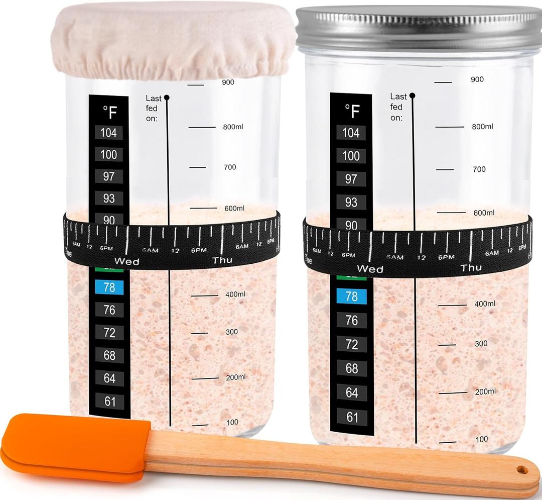 Sourdough Starter Jar, 2 Pack 35 oz Sourdough Starter Kit with Thermometer, Feeding Date Band, Scraper, Cloth Cover, and Metal Lid. Sourdough Baking (Orange)