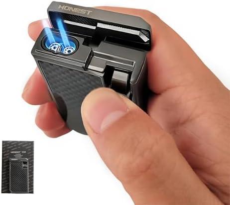 Butane Torch Lighter for Men Refillable Double Blue Jet Flame Big Gas Window Viewable Gift Box (No Gas)