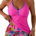 Aleumdr Tankini Swimsuits for Women 2 Piece Tummy Control Bathing Suit V Neck Tankini Top with High Waisted Bottom (Medium, Rose Red)