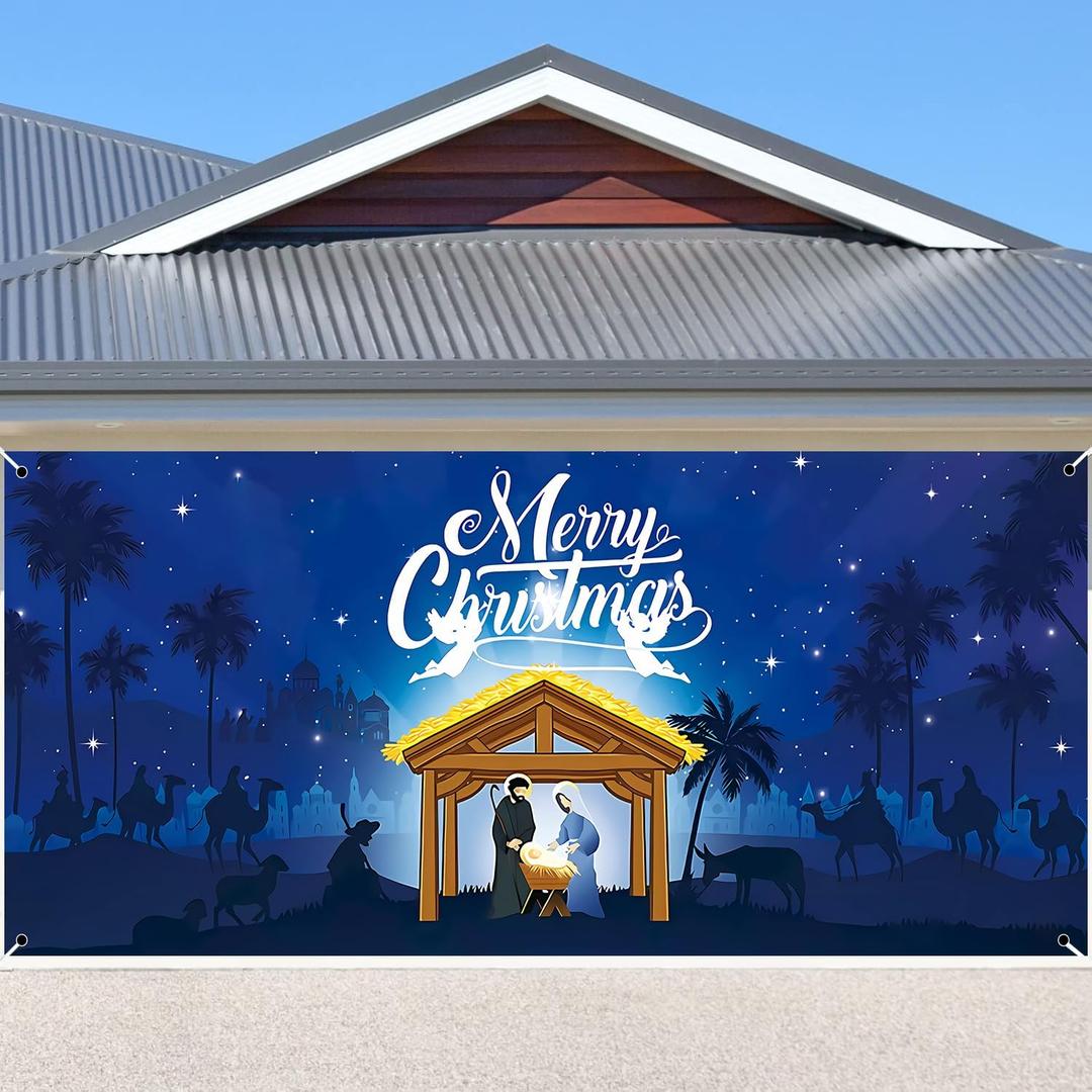 Christmas Nativity Garage Door Banner 7x16ft Large Scene Christmas Garage Door Cover Holy Religion Holiday Garage Door Backdrop Decorations Mural for Xmas Decor