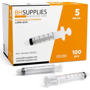 BH Supplies 5mL Luer Lock Tip Syringes (No Needle) - Sterile, Individually Wrapped - 100 Syringes
