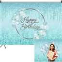 Renaiss Teal Green Happy Birthday Backdrop for Women 10x6.5ft Aqua Green Rose Teal Balloons Glitter Photography Background for Woman Bday Party Decorations Fabric Photo Studio Video Prop