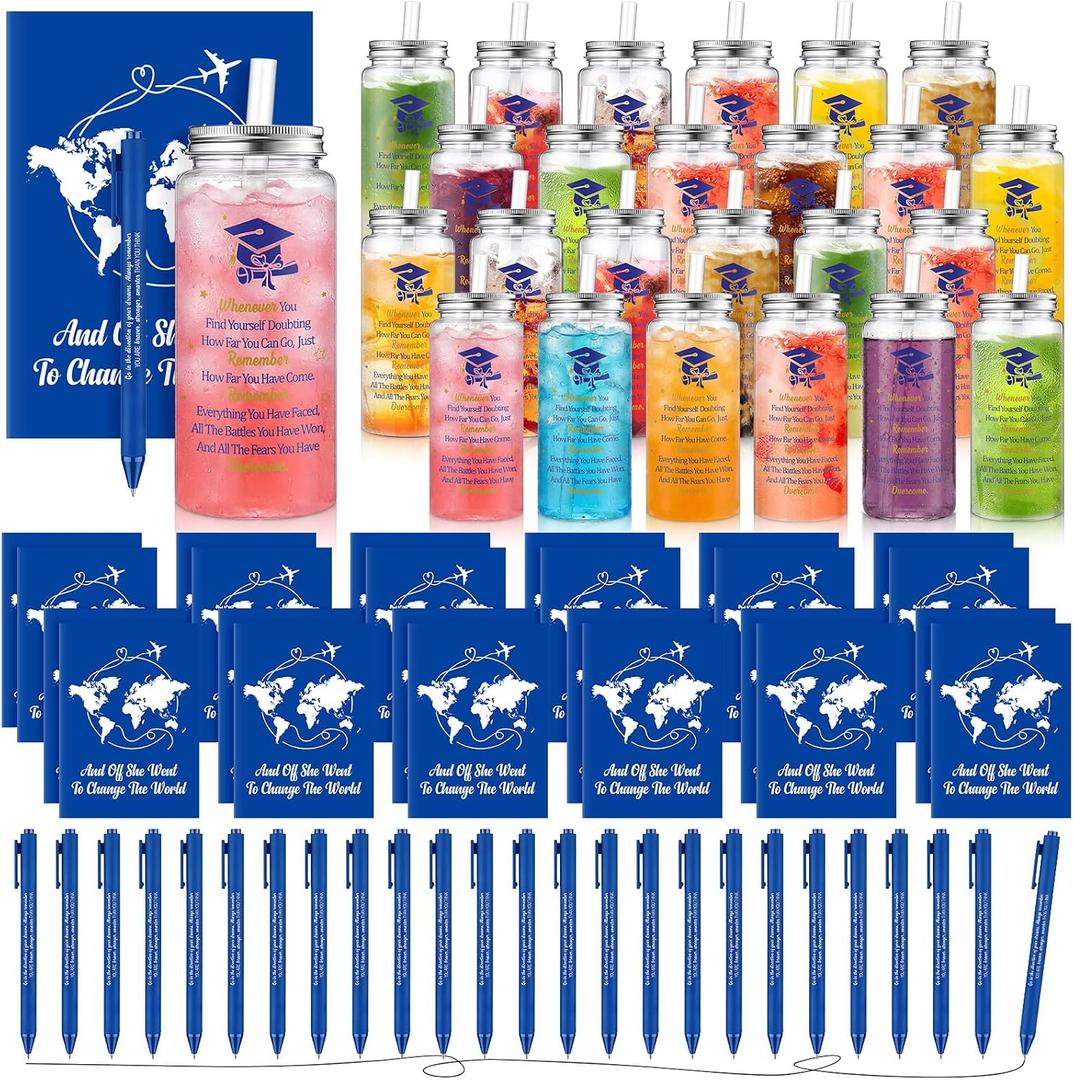 AmazingSpark 72 Pcs Class of 2026 Graduation Gift Set 13.5 oz Graduation Plastic Cups Bulk with Lids Straws Inspirational Notebooks Motivational Pens Gift for Congrats Grad Party Favors Supplies