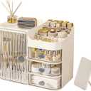 DASITON Makeup Organizer for Vanity,Large Capacity Makeup Storage Organizer with 3-Layer Drawers and Mirror,Cosmetics Display Case Make up Organizers for Vanity,Bedroom,Countertop(Clear-Cream)