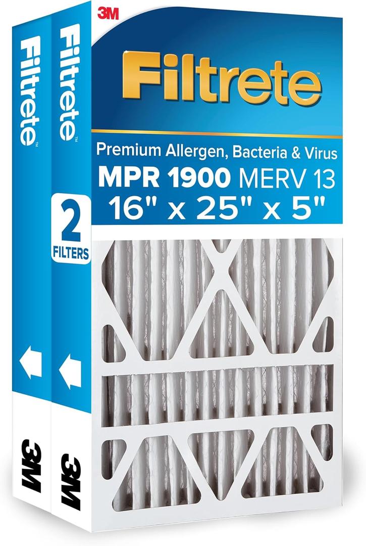 Filtrete 16x25x5 AC Furnace Air Filter, MERV 13, MPR 1900, Premium Allergen, Bacteria & Virus Filter, Electrostatic Air Cleaning Filter, 2-Pack (Actual Size 15.75 x 24.13 x 4.88 in)