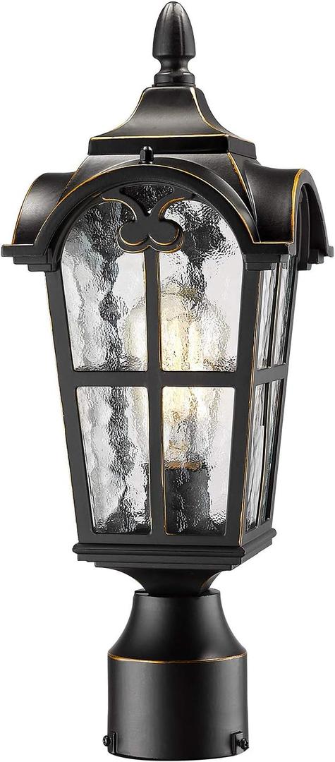 Emliviar 17 Inch Vintage Outdoor Post Lights - Farmhouse Lamp Post Lantern Light Fixture, Black Finish with Gold Edges, Water Glass Shade, WE215P BG