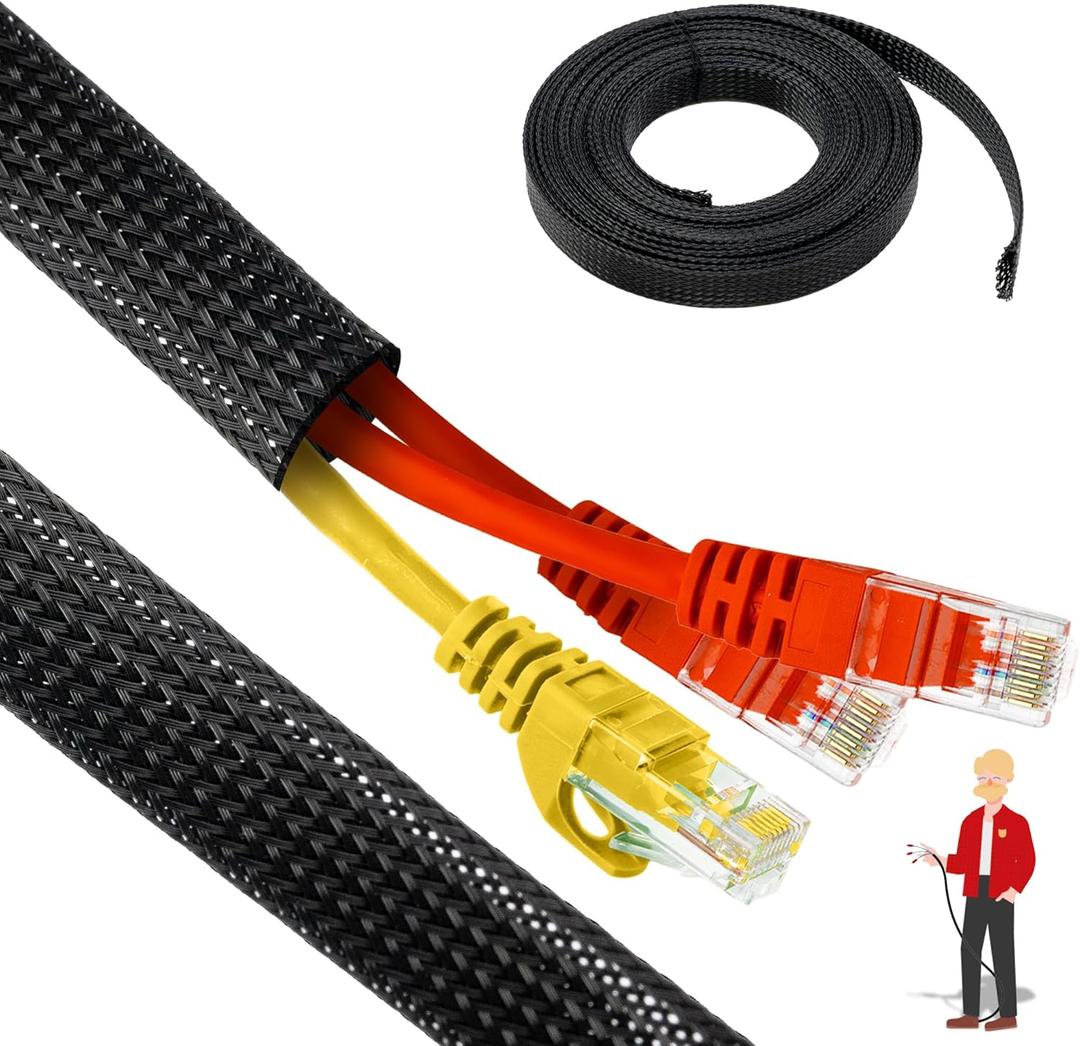 XFasten Cord Protector 3/4 Inch 25ft - PET Expandable Braided Cable Sleeve - Pet Chew Proof Wire Loom for Audio, Video, PC, TV, Automotive Wire Management, Puppy, Cat Proof Black Cable Wrap for Cords