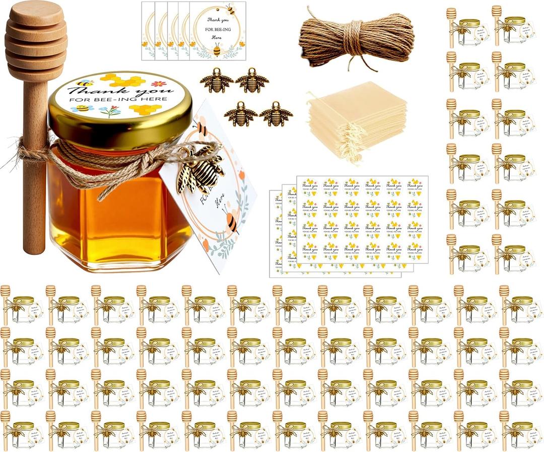 Adabocute Honey Pot, Mini Honey Jars with Wood Dipper, Gold Lid, Bee Pendants, Beige Gift Bags, Thanks for Beeing Here Tags, Mini Honey Jars for Baby Shower Favors Wedding Favors, 60 Pack